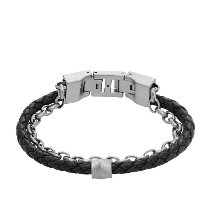 Fossil Men's Black Leather Stainless Steel Bead Bracelet JF03848040 - First  Class Watches™ USA
