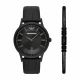 Emporio Armani Three-Hand Date Black Leather Watch and Bracelet Gift Set - AR80057