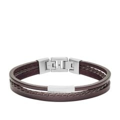 Fossil Men Multi -Strand Silver -Tone Steel and Brown Leather Bracelet - JF03323040