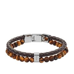 Fossil Men Tiger's Eye and Brown Leather Bracelet - JF03118040
