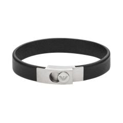 Emporio Armani Men's Stainless Steel and Black Leather Strap Bracelet -  EGS3087040