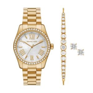 Michael Kors Women's Lexington Three-Hand, Gold Stainless Steel Watch and Jewellery Gift - MK1079SET