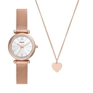 Fossil Women's Carlie Three-Hand, Rose Gold Stainless Steel Watch and Necklace Box Set - ES5314SET